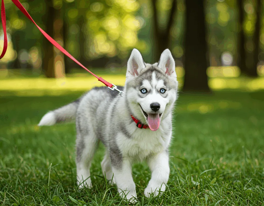Husky-aan-de-riem-leren-lopen